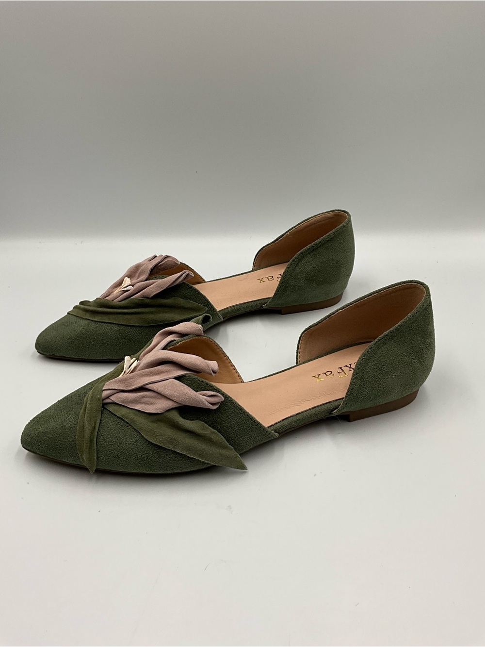 MaxFax D'Orsay Flats Size 6.5-7 Olive Green a& Pink Floral